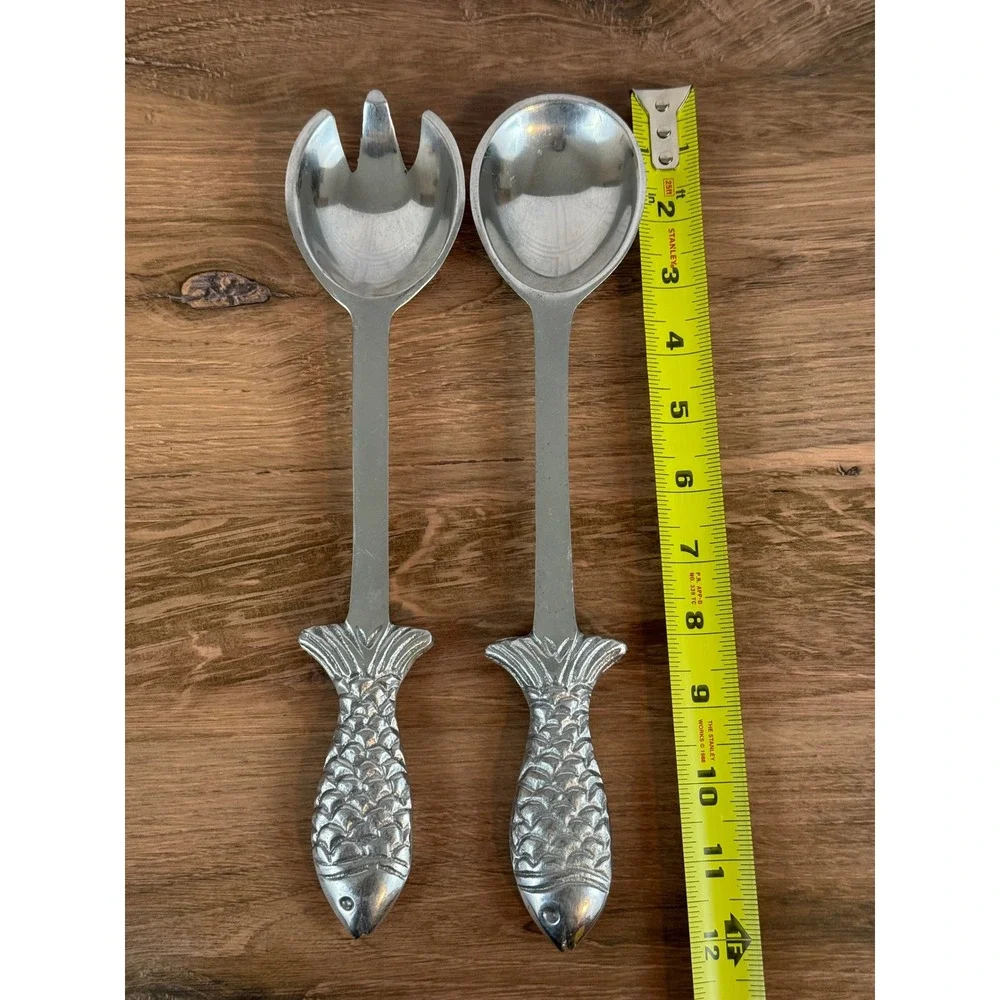 Vintage Metal Fish Handled Salad Serving Set w/Fork and Spoon 12